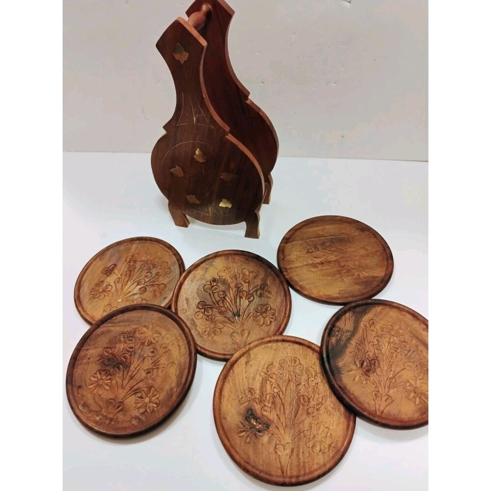 Vintage Indian Carved Sheesham Wood Coaster Set of 6 Brass Inlay Floral Holder
